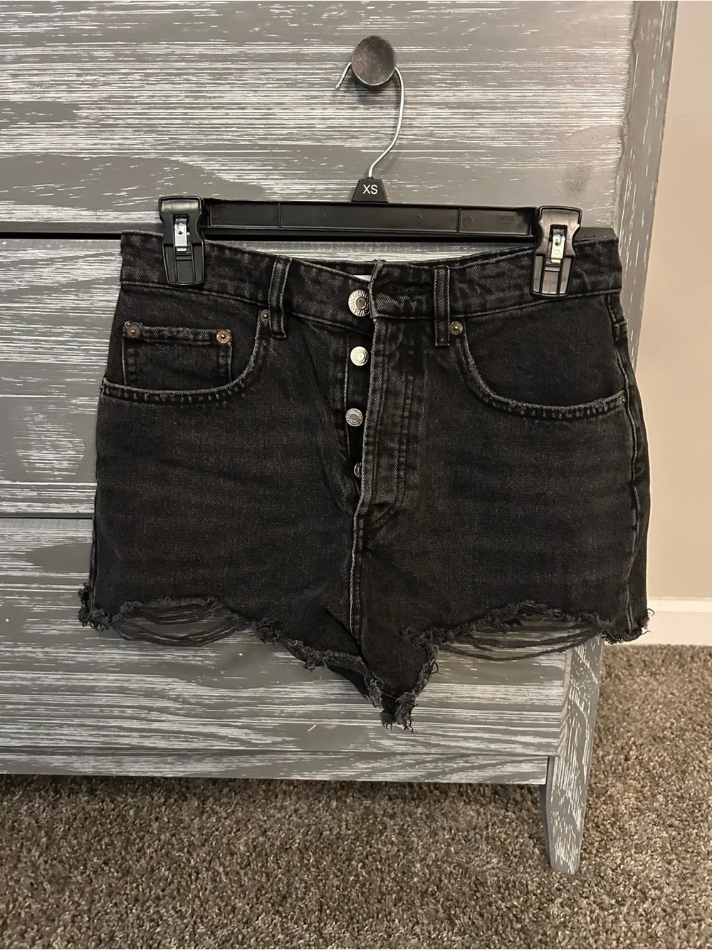 Zara Black Distressed Button-Fly Denim Shorts